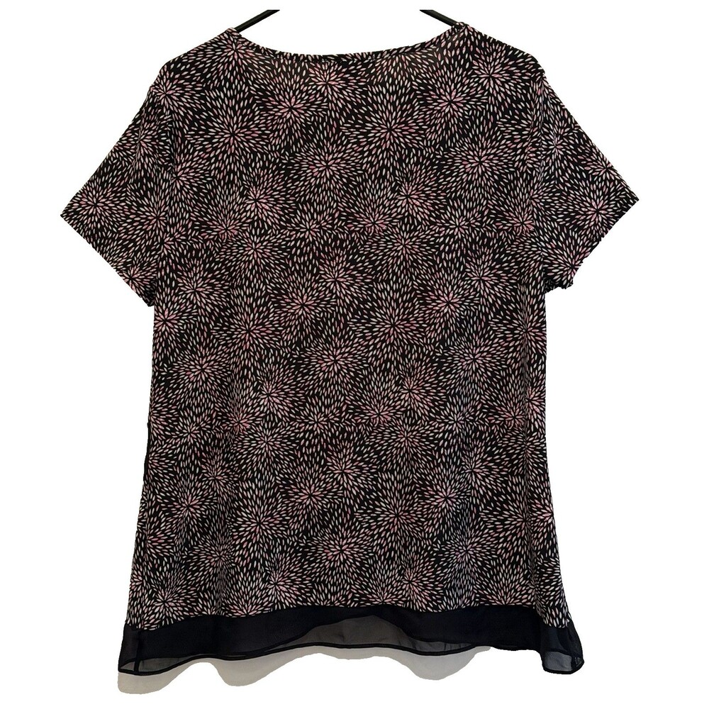 ROZ & ALI Top L Short Sleeve Black Pink Floral Layered Hem Tunic Blouse Stretch - Picture 3 of 7
